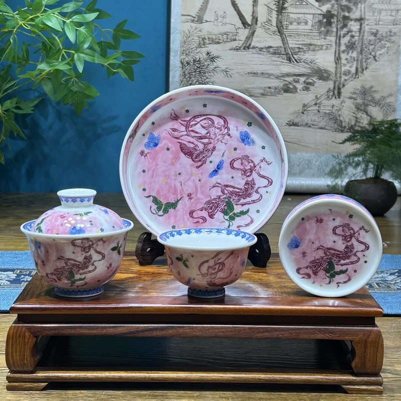 景德镇陶瓷粉彩瓷敦煌飞天侍女套装中式国风茶器套装功夫品名茶具