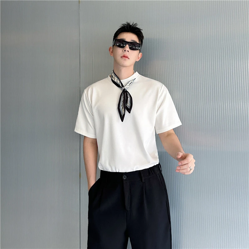 夏季重磅发型师短袖T恤男小众丝巾装饰设计感韩版简约圆领半袖t潮