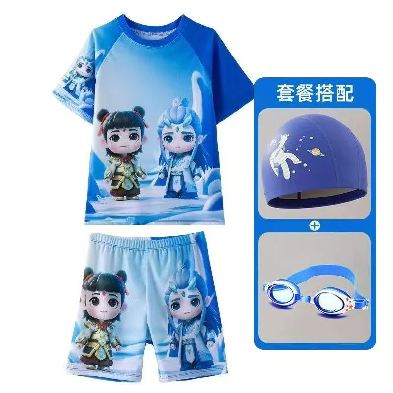 哪吒儿童宝宝泳衣速干泳装训练泡温泉专业五分男童短袖防晒分体