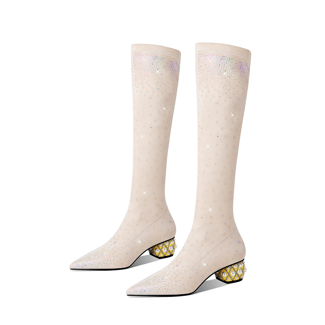 【吴宣仪同款】小众水钻弹力靴女粗跟2025款中跟长靴一脚蹬长筒靴