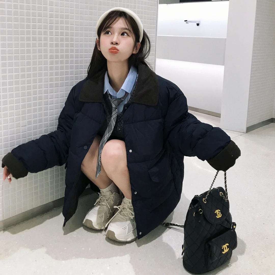 常规时尚翻领ins棉衣外套冬季翻领拼接女韩版加厚短款宽松百搭