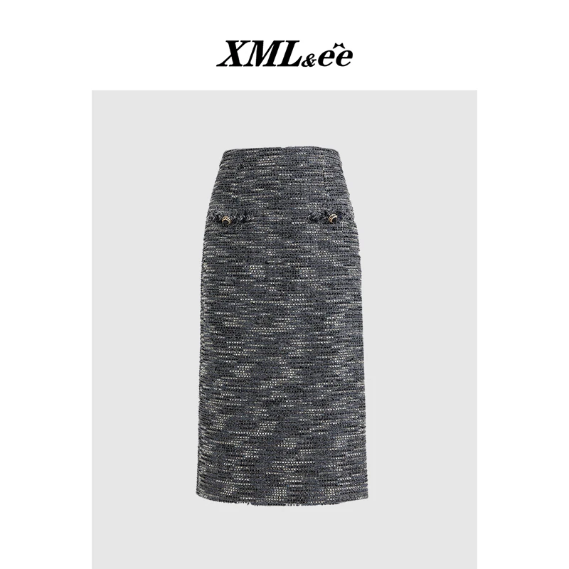 XMLee艾米尔 灰蓝色名媛重工刺绣高腰半身裙 X434Q5312