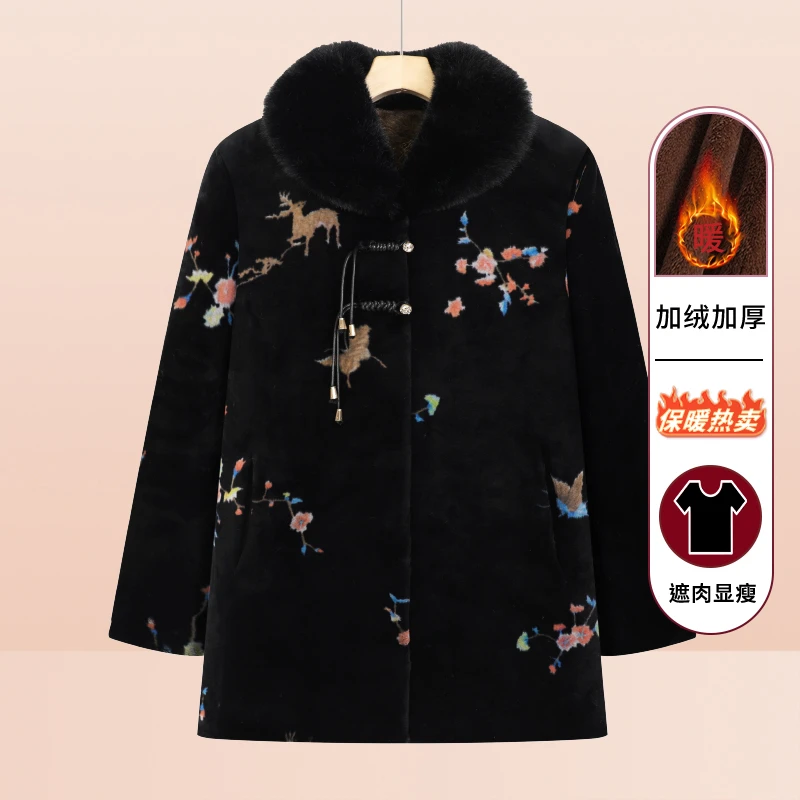 妈妈装中长款加厚外套中老年女装秋冬毛领大衣老太太加绒保暖棉袄