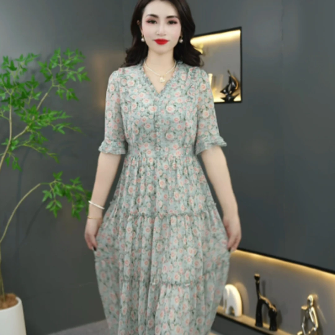 322013碎花连衣裙显瘦时尚休闲收腰夏季印花过膝