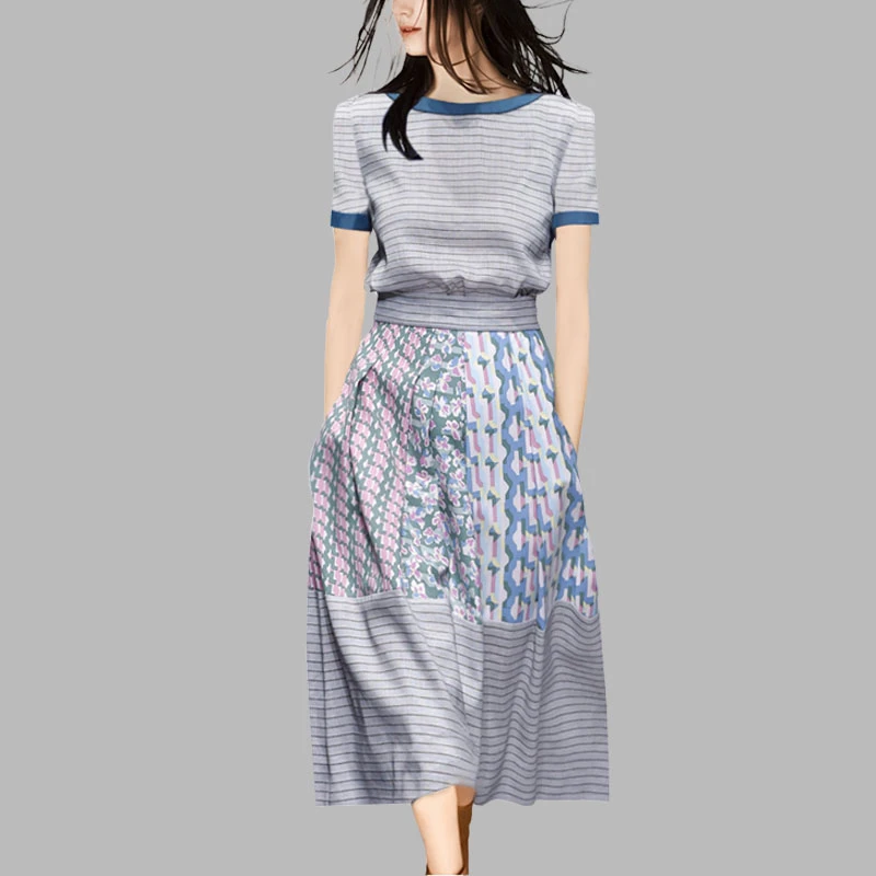条纹印花上衣大摆半身裙套装女2025年夏装度假新款小众两件套潮