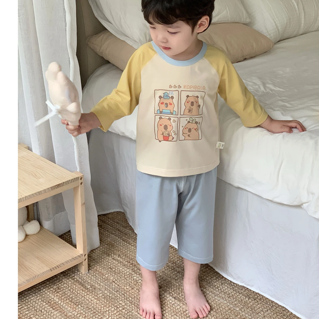 夏季纯棉薄款卡通儿童家居服凉感七分袖七分裤儿童睡衣套装2050华