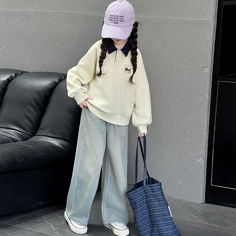 女童春秋款运动套装2025新款中大童春装休闲翻领卫衣牛仔裤两件套