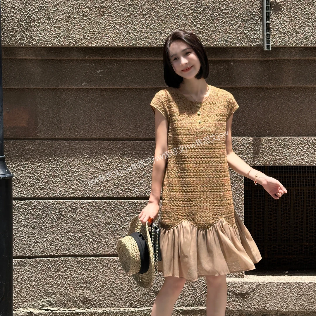 年终大促 时尚休闲宽松洋气下摆网纱拼接小香风连衣裙2571Y3