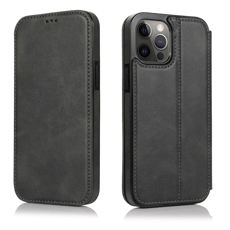 适用iPhone16ProMax翻盖皮套苹果14手机壳13插卡磁吸保护套黑灰深