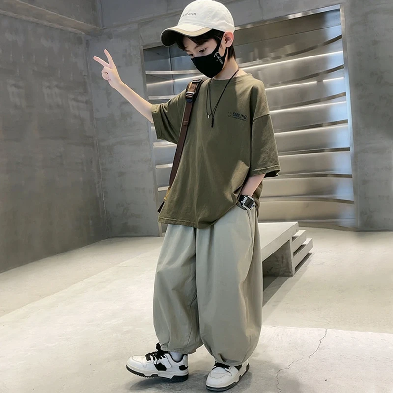 男童夏装短袖套装童装中大童夏季男孩运动痞帅气时髦潮酷t恤