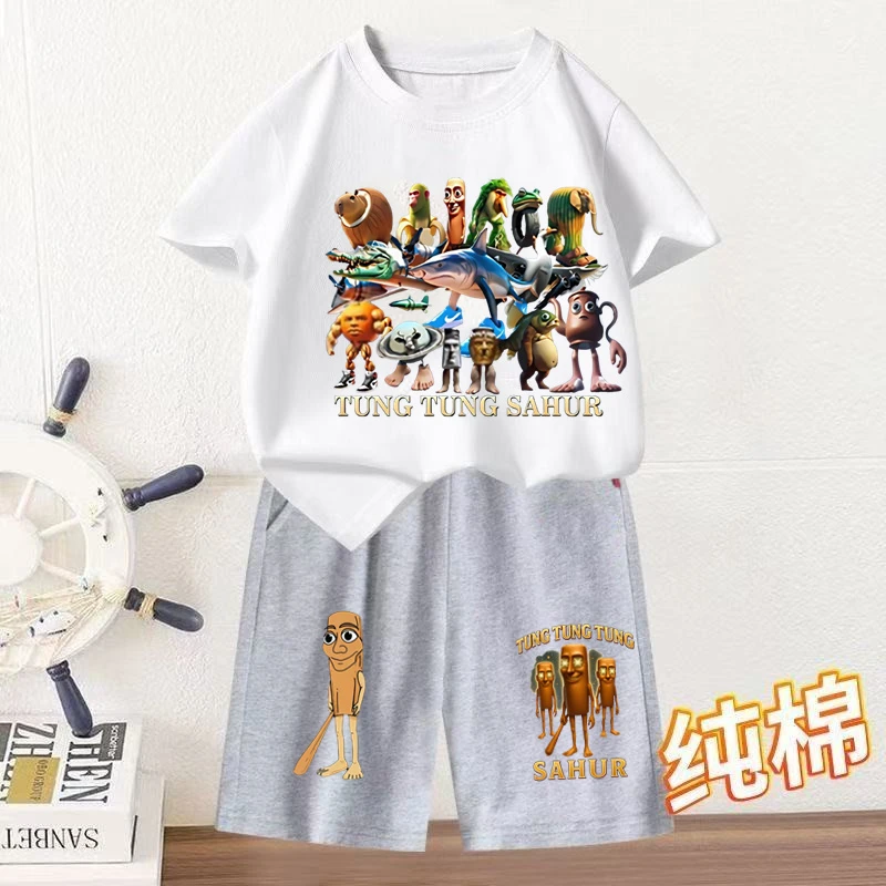 夏季新款通通哥木棍人抽象山海经短袖衣服男童两件套五分裤套装潮