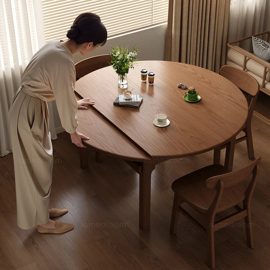 家用折叠全实木圆餐桌小户型中古风餐桌可伸缩大圆桌吃饭桌子