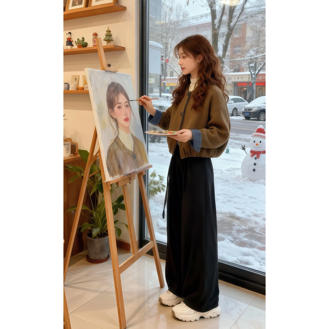 韩系松弛感慵懒气质ootd穿搭秋装一整套撞色短款外套阔腿裤两件套