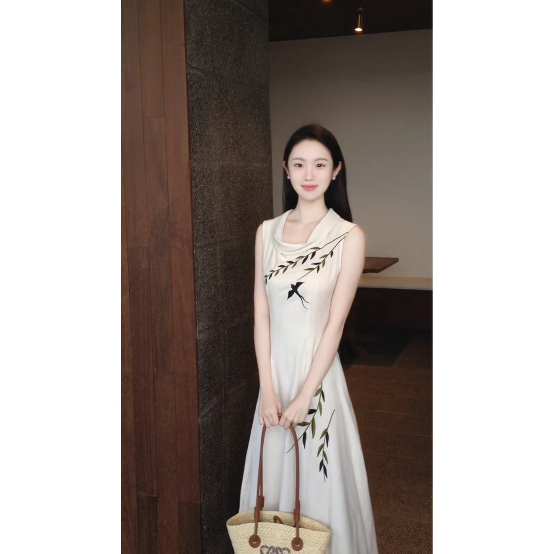 法式简约气质优雅复古印花修身设计感荡领无袖中长款背心连衣裙女