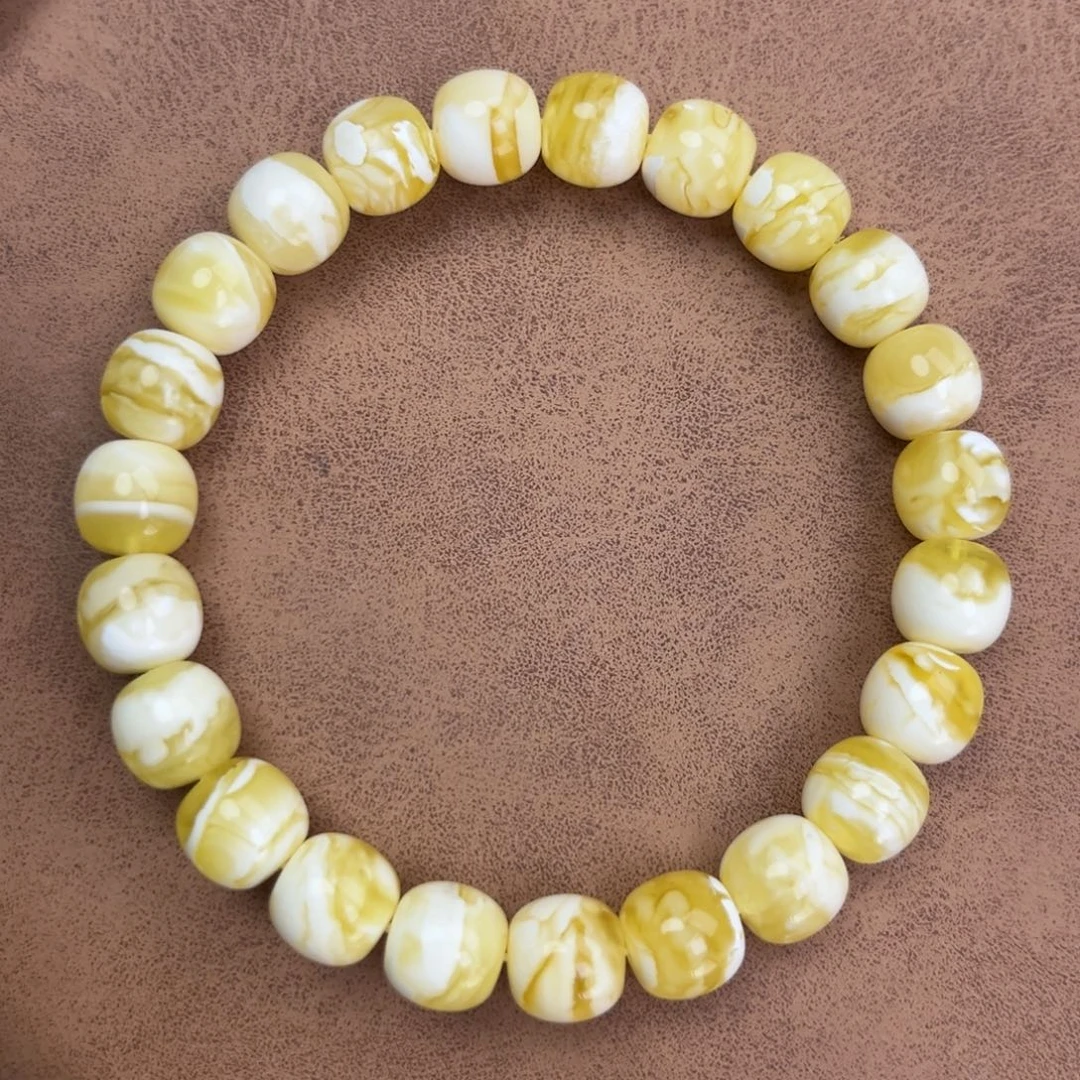 蜜蜡未镶嵌手串纯天然俄料金瓷白花虎皮9.5*9腕口18+