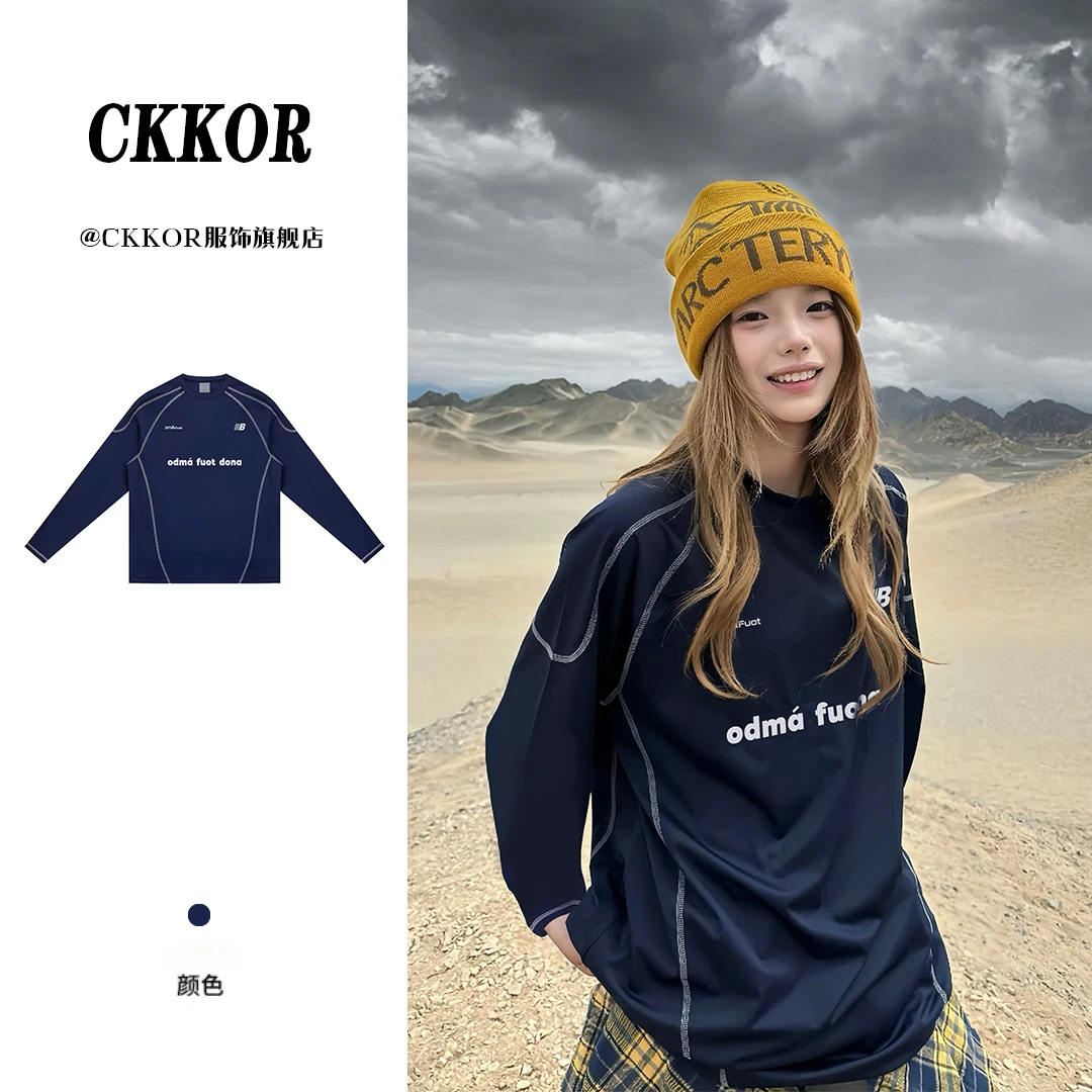 CKKOR时尚休闲圆领印花长袖t恤女新款爆款冰丝透气速干运动风上衣