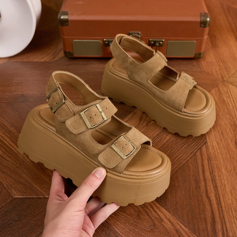 7cm厚底凉鞋女2025新款夏季时尚外穿懒人一脚蹬一字型百搭勃肯鞋