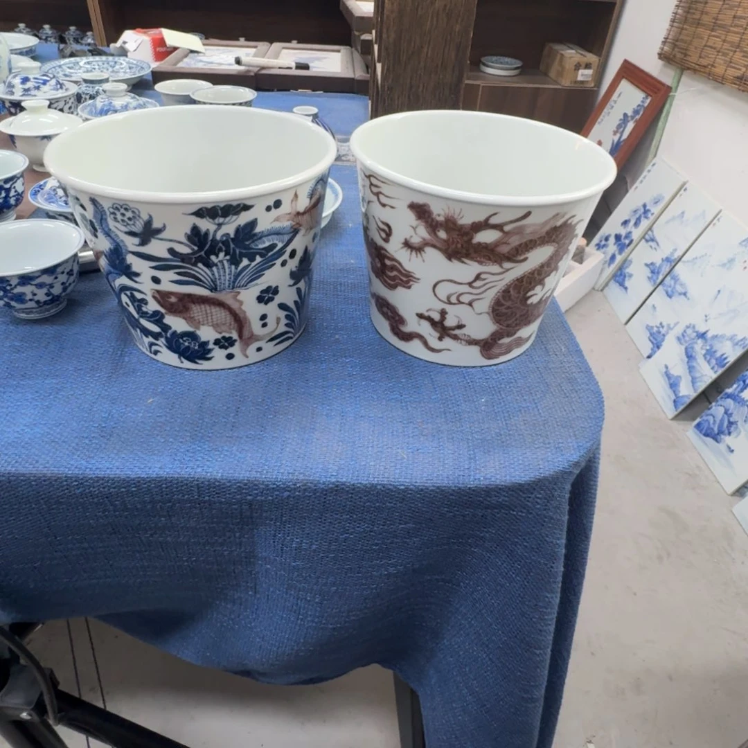 摆件冰桶釉里红手绘景德镇