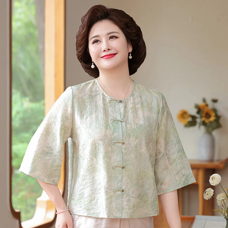 奶奶夏季中老年女装国风开衫妈妈夏款遮肉盘扣时尚夏装宽松衣服女