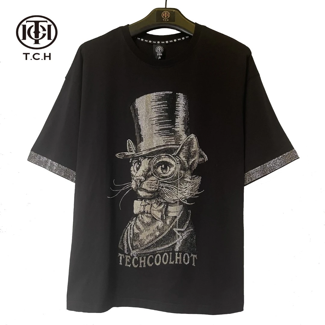 (现货）奥莱-TCH-潮牌礼帽猫咪烫钻黑色T恤T1A211WTS034