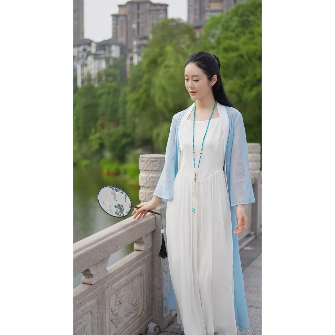【蓝颜】新中式夏季蓝色禅意气质宽松百搭飘逸长款外披