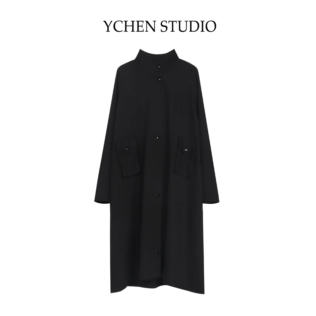 YCS【圣保罗】秋季新款黑色宽松时尚中长款风衣过膝立领外套LZ0102