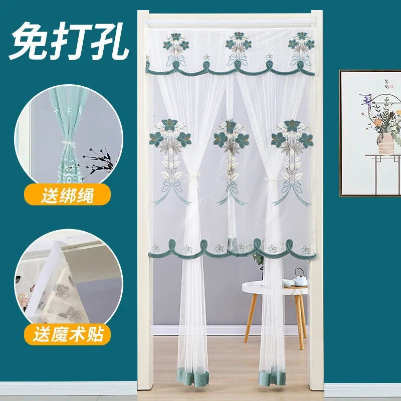 夏季防蚊蝇门帘家用自粘免打孔魔术贴蕾丝门帘对开卧室装饰隔断帘