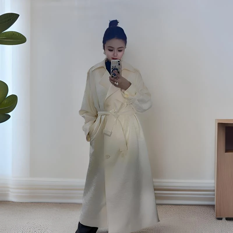85001C极简风收腰法式女风衣褶皱风秋冬秋季时尚外套系带夏季长款
