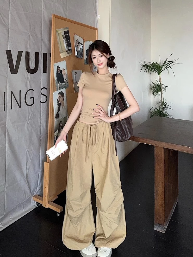 休闲套装收腰修身正肩短袖T恤女夏季抽绳阔腿裤速干工装裤两件套