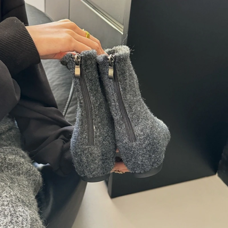 小众设计感~秋冬季新款毛呢高级感小短靴内增高马丁靴气质靴子女