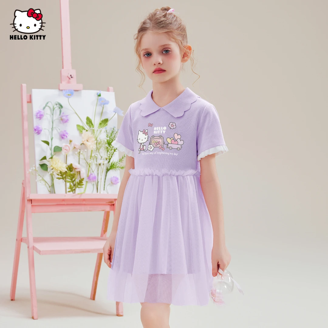 女童夏季连衣裙2025新款中大童装凯蒂猫卡通翻领短袖网纱裙子