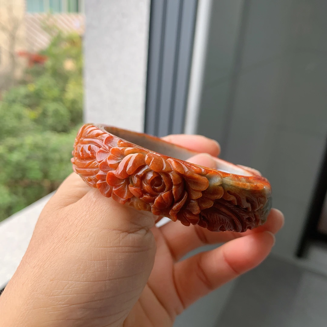 A货红翡凤凰牡丹手镯58.3-18.6-10.3复古精美时尚