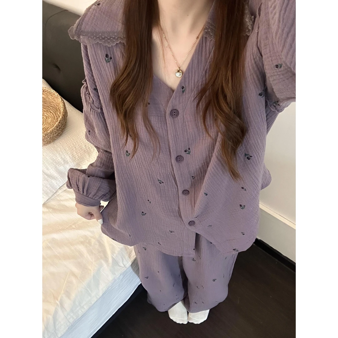 韩系甜美紫色双层棉纱睡衣女夏新款大码长袖长裤家居服套装可外穿