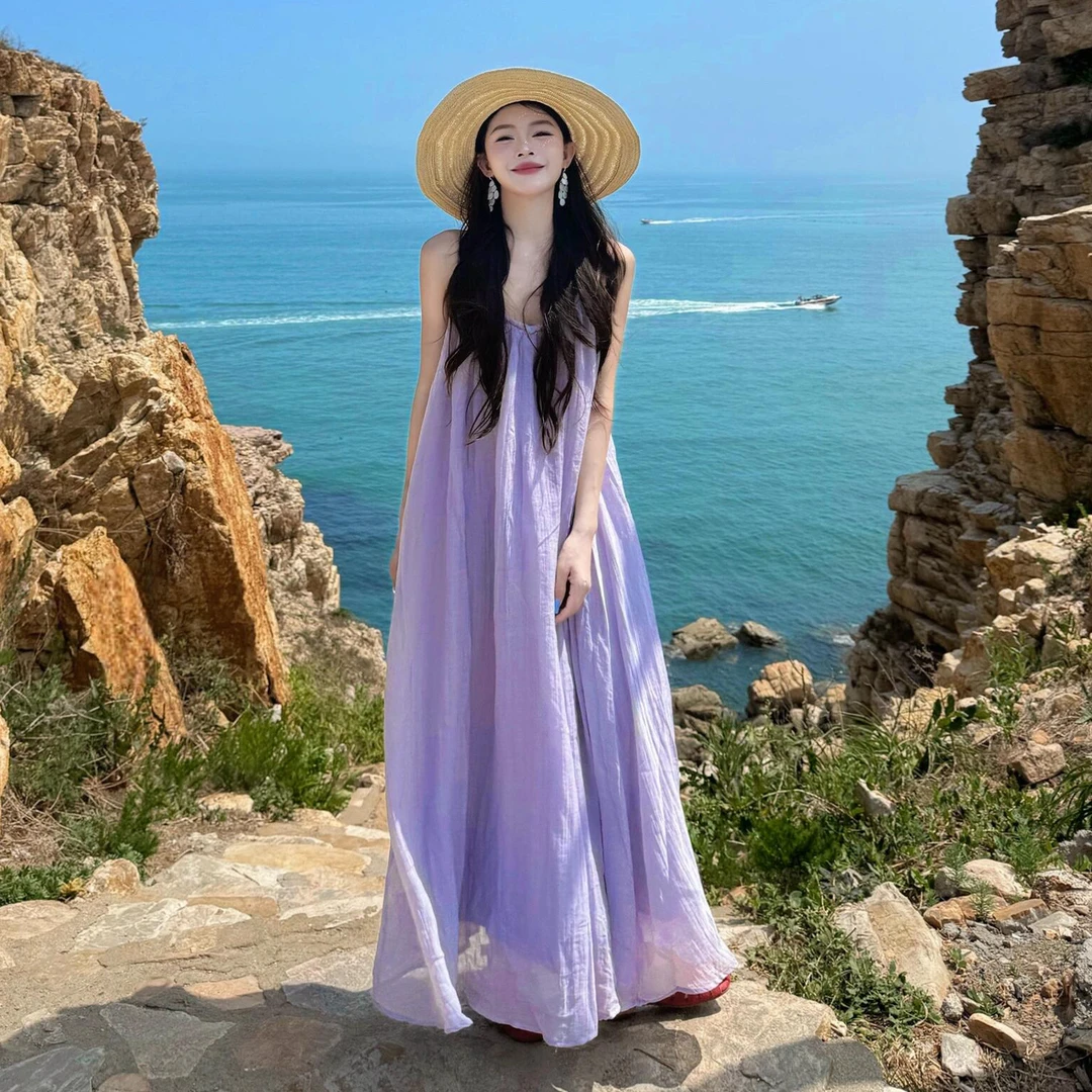 夏日穿搭海边度假风紫色吊带连衣裙女夏季夏日绝美超好看出片长裙