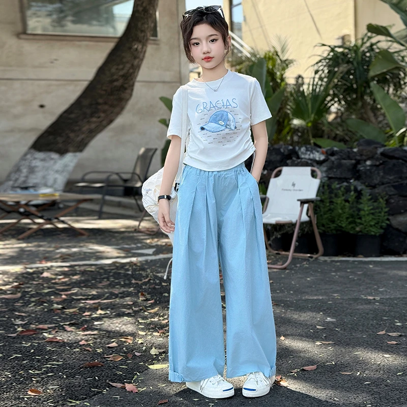 女童洋气绣花短袖2025新款夏装6-12岁中大儿童韩版T恤时尚阔腿裤