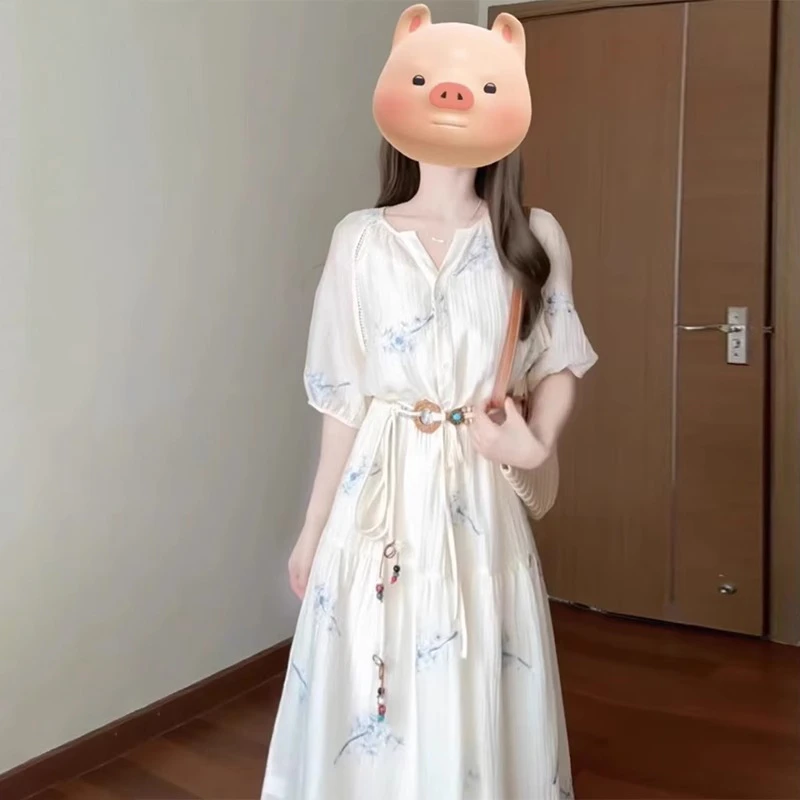 3486法式V领短袖碎花连衣裙女夏2025新款显瘦高级感气质绝美长裙