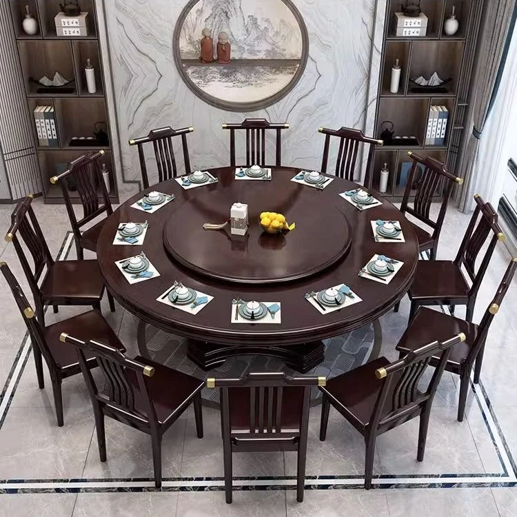 新中式实木圆形餐桌带转盘家用大圆桌电磁炉吃饭桌子歺桌圆餐优质