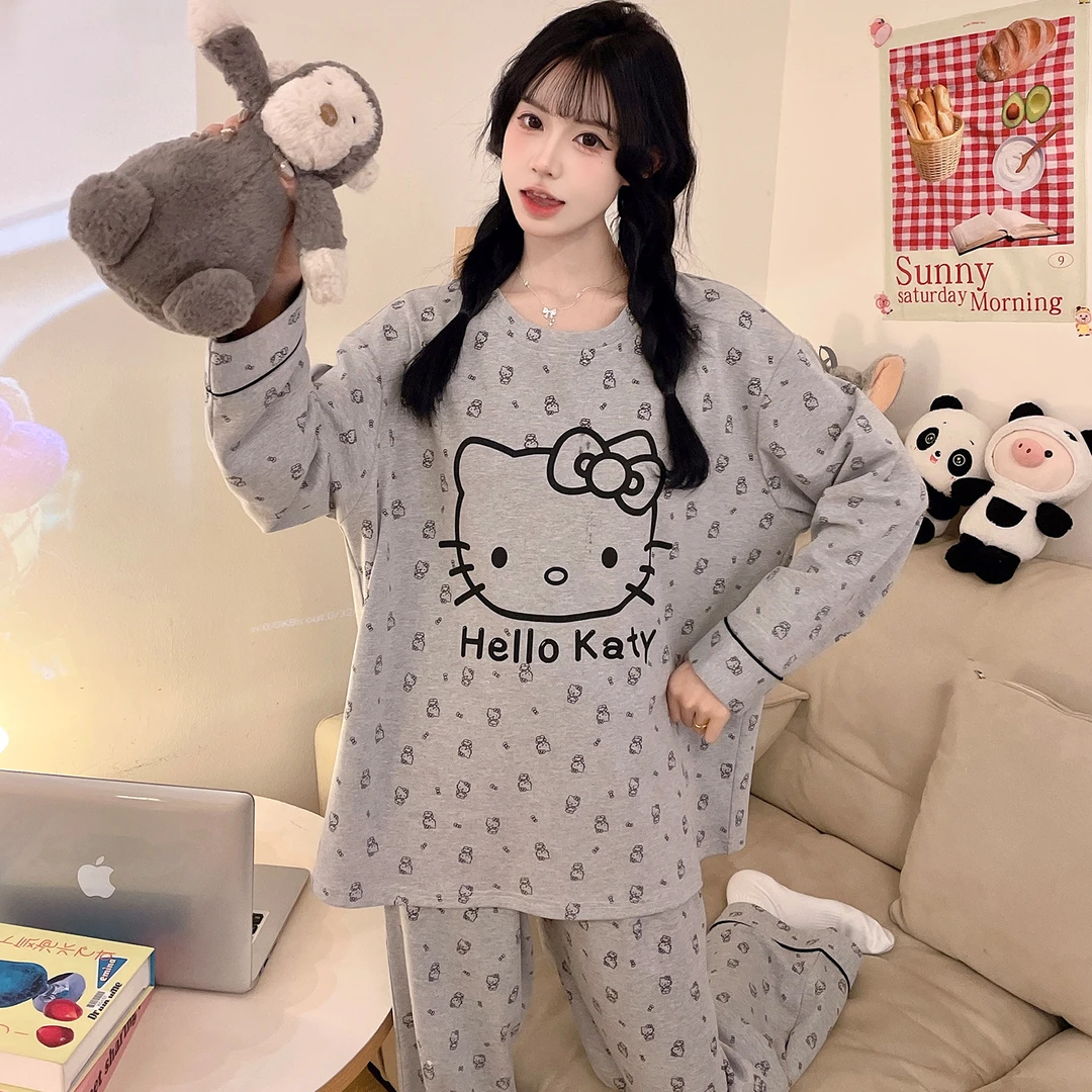 带胸垫睡衣女套装家居服薄款秋季甜美可爱加大码带胸垫睡衣女套装