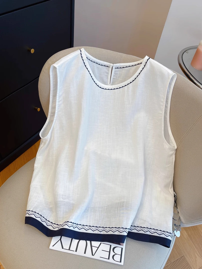 高级感刺绣简约撞色无袖背心女2025夏季新款宽松洋气叠穿小衫上衣