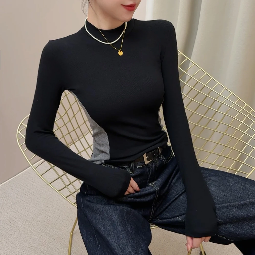 黑色正肩立领长袖拼接打底衫女t恤早春秋内搭修身显瘦众螺纹上衣