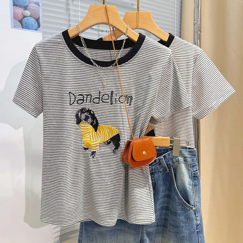 韩版黑白条纹刺绣短袖正肩t恤女夏季时尚小个子独特别致百搭上衣