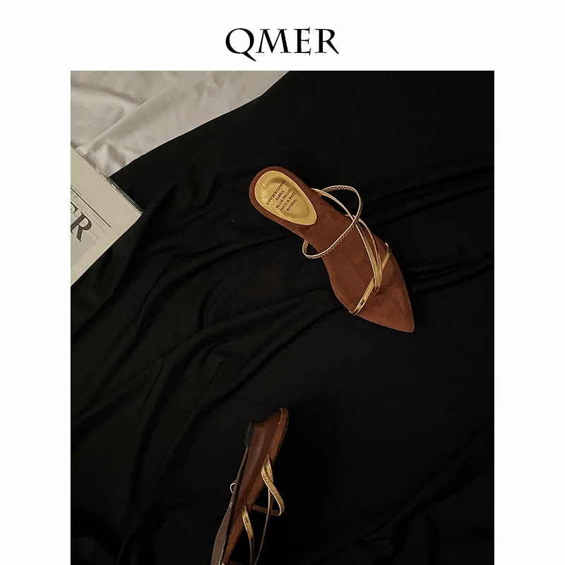 秋美儿尖头露趾外穿凉拖鞋女一字细带夹趾夹脚坡跟3cm小跟鞋凉鞋