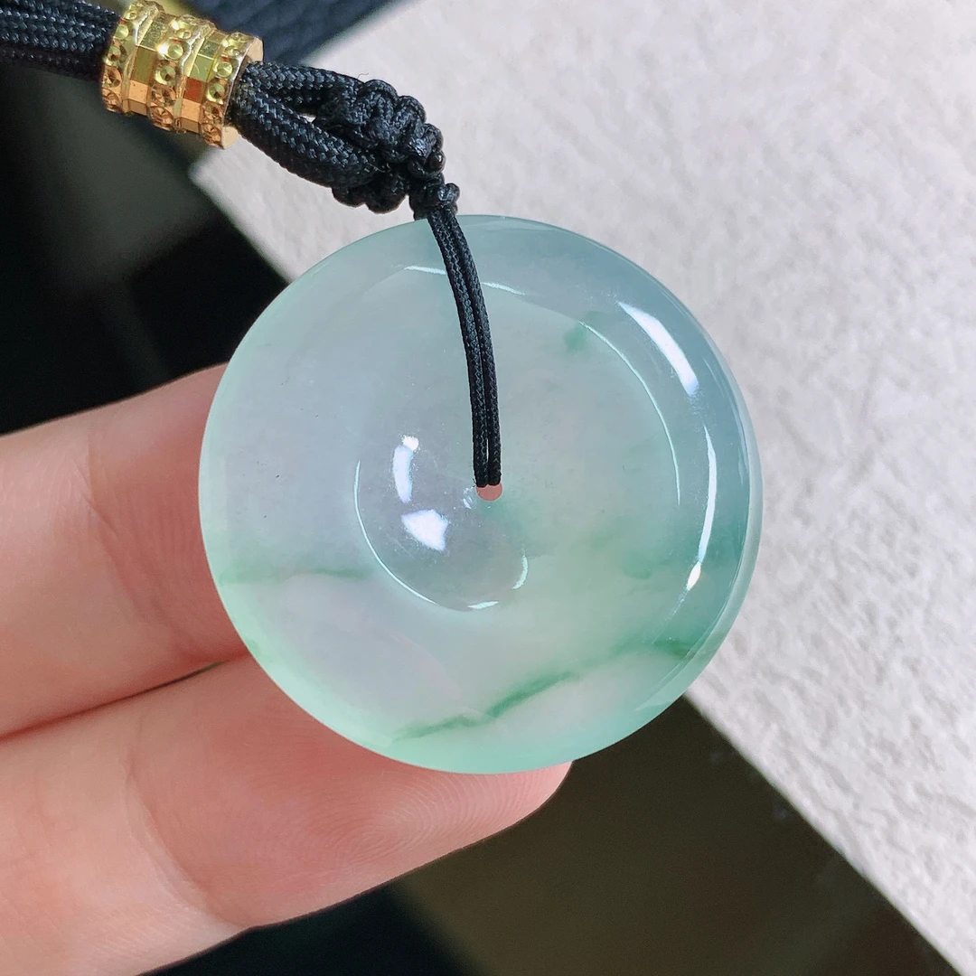 缅甸天然翡翠A货老坑冰种飘绿平安扣吊坠精品28.8*5.8编号1