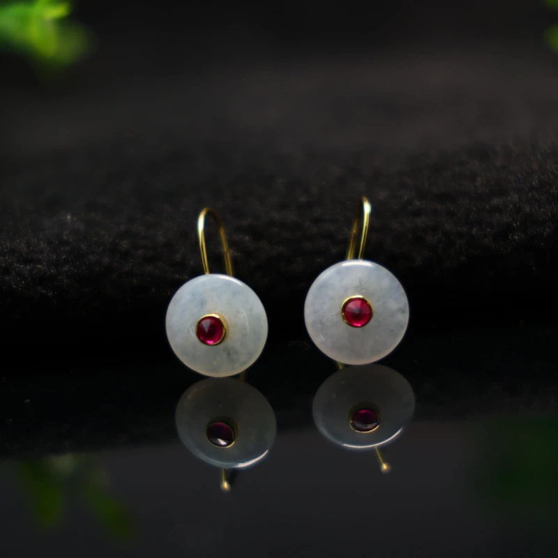 #H819 S925银搭配红宝镶嵌白冰天然A货翡翠平安扣耳环耳坠