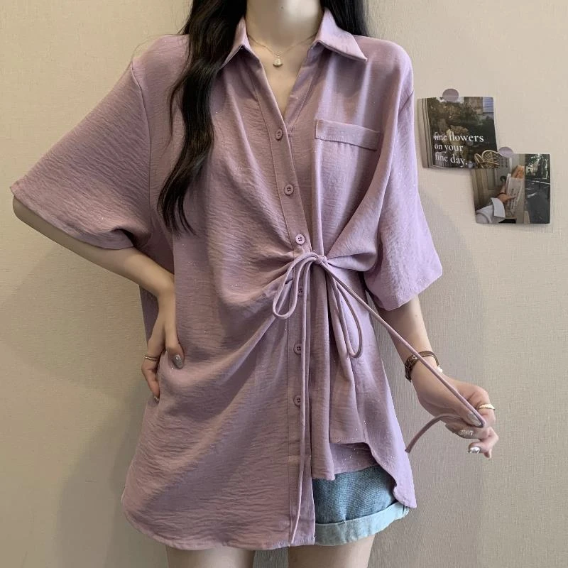 不规则系带短袖打底衬衫女夏季大码胖mm显瘦洋气中长款遮屁股上衣