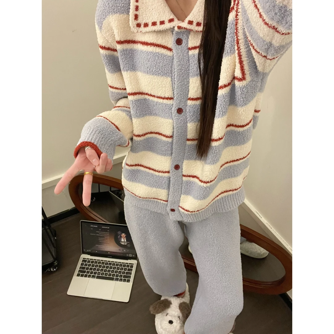 甜美简约撞色条纹针织毛衣半边绒睡衣女冬款宽松家居服套装可外穿