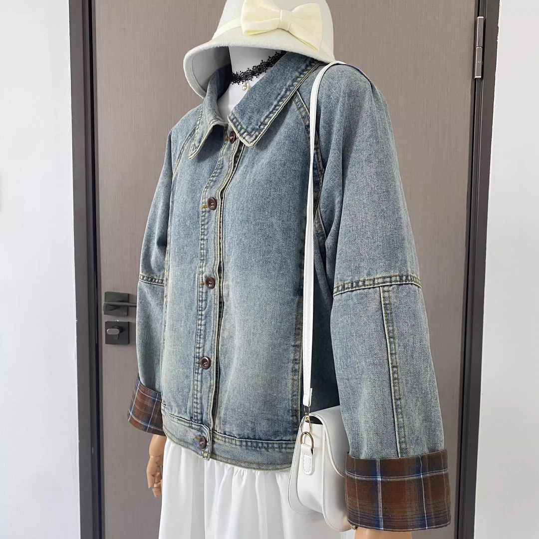港风复古格子拼接牛仔外套女2025秋季新款高级感长袖宽松夹克上衣