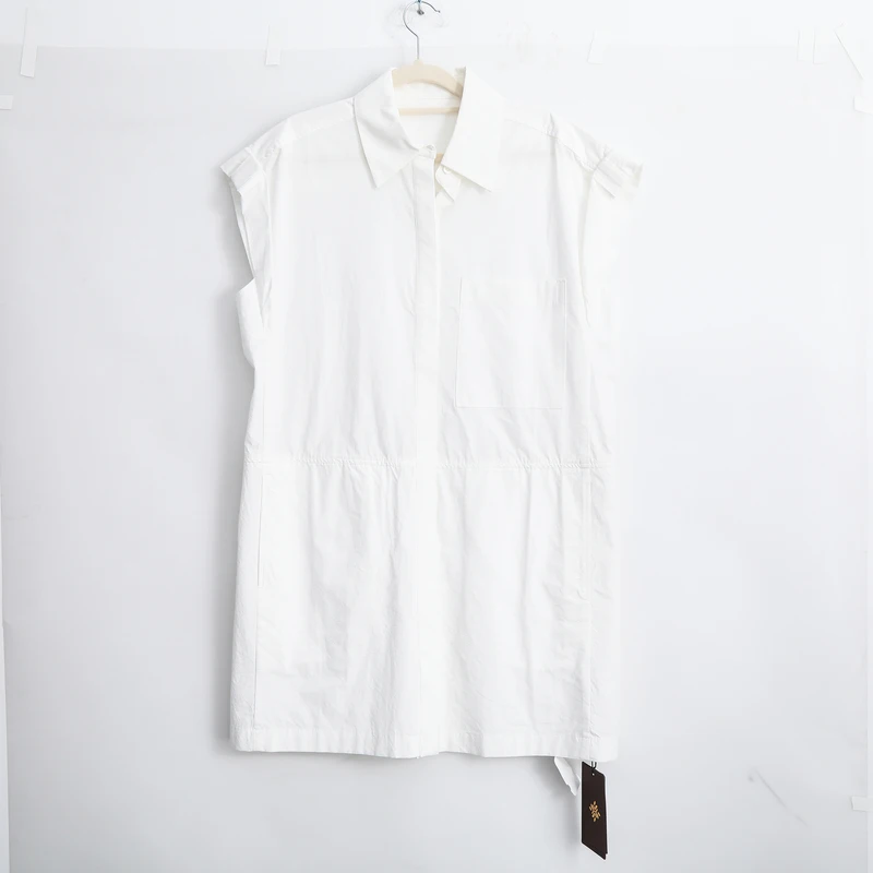 轻职风口袋无袖透气翻领纯色衬衫夏装时尚立领白色连衣裙V2278
