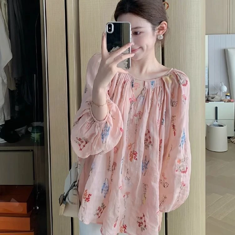 法式别致粉色碎花衬衫女夏季2025新款小众设计感独特漂亮长袖衬衣