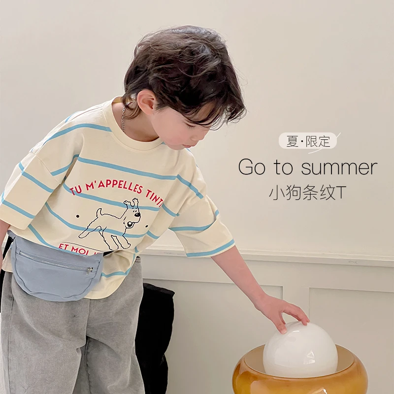 夏装新款儿童可爱卡通纯棉条纹T恤童装男童女童打底衫短袖上衣
